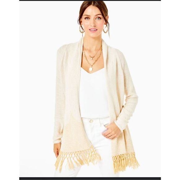 Lilly Pulitzer Tatum gold metallic cardigan long fringe hem S - Picture 12 of 12